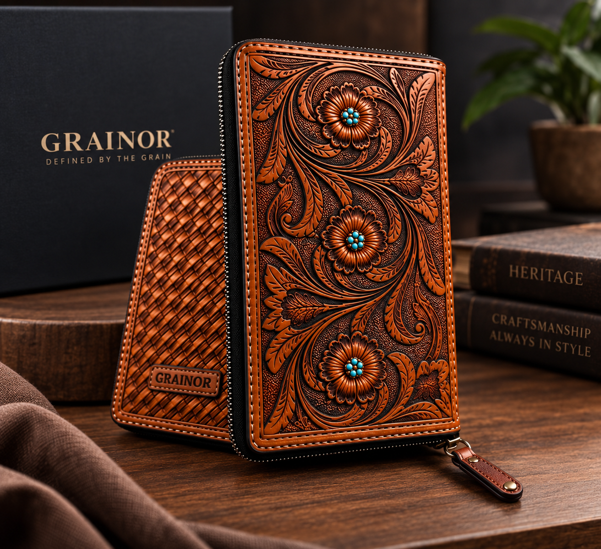 GRAINOR Handcrafted Full-Grain Leather Clutch — Floral Tooling & Basket Weave