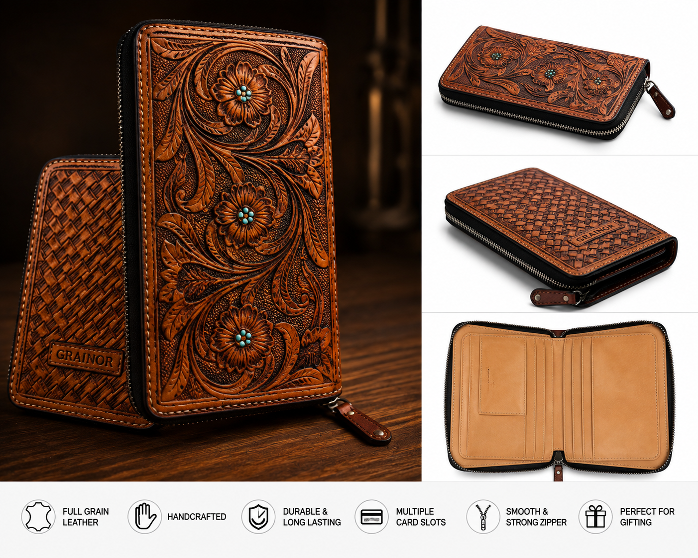 GRAINOR Handcrafted Full-Grain Leather Zip Wallet – Floral Tooled & Basket Weave